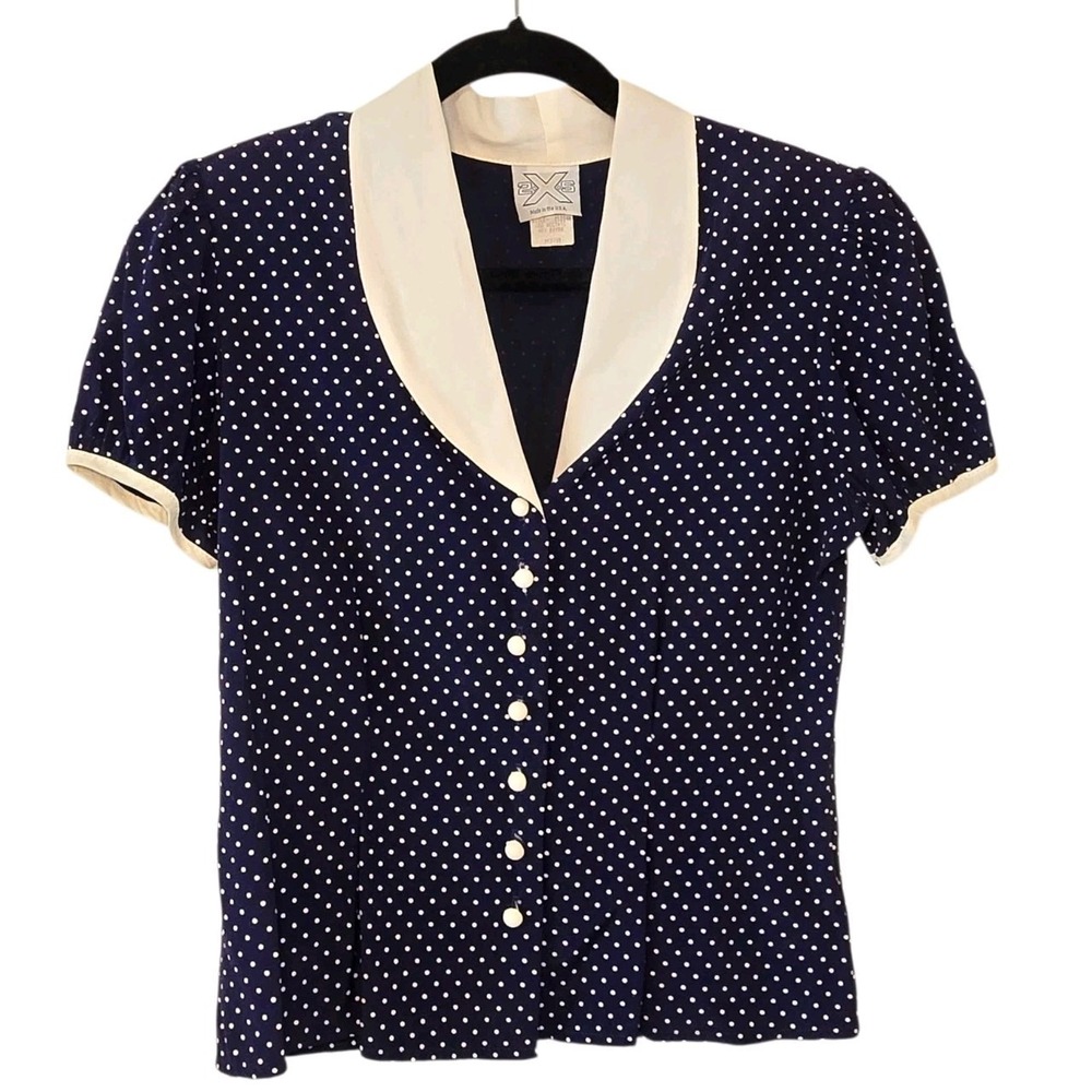 Vintage 80s Polka Dot Blouse Medium Made‎ USA Navy White Puff Sleeve Secretary
